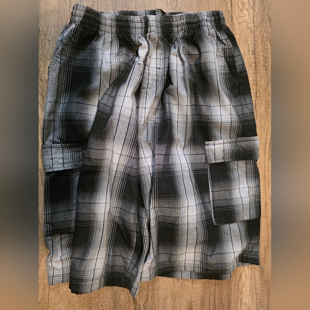 Black and Gray Cargo Shorts with Elastic Waistband